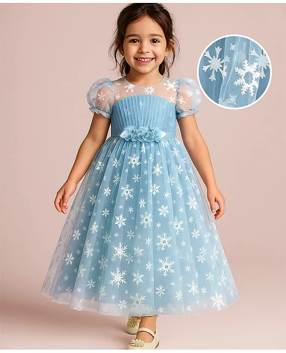 Babyhug Woven Half Puffed Sleeves Snowflake Embroidered Party Dress - Light Blue
